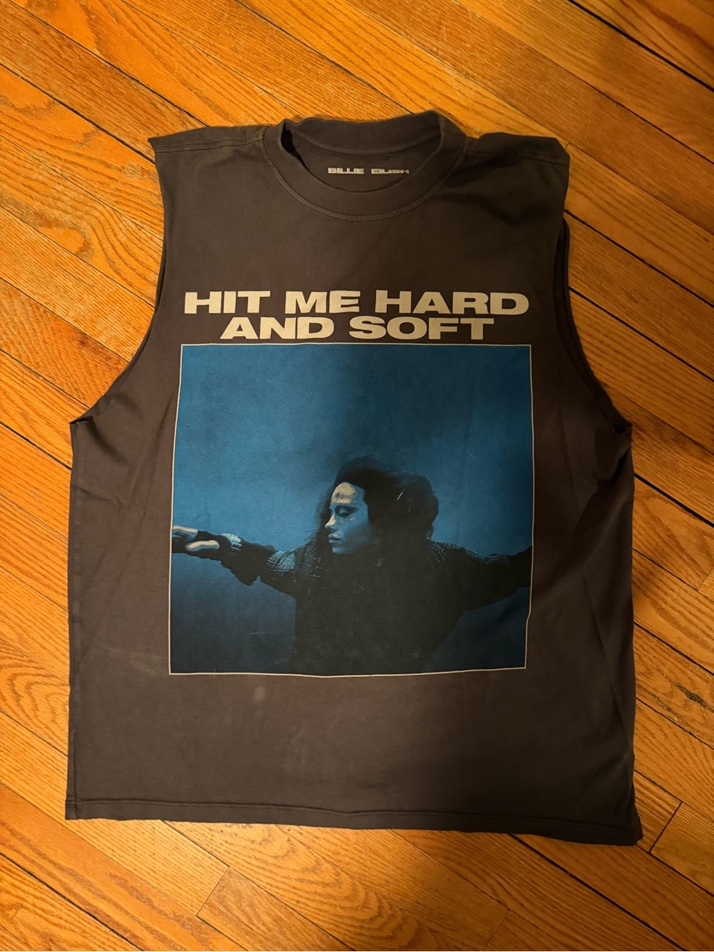 Billie eilish Black Muscle Tee with Blue Photo Graphic - "Hit Me Hard and Soft"